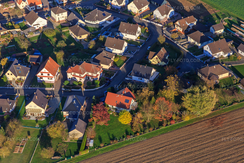 Aerial view: Rue des Violets in Schleithal in the state Bas-Rhin, France.Photo: IMG_104395.jpg taken on 10/31/2017 by Werner Riehm/FLY-FOTO.comResolution of the original: 5472 x 3648 px
