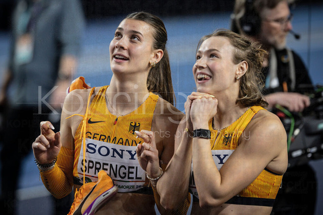World Athletics Indoor Championships Kujawy Pomorze 26, 22.03.2026 | TORUN, POLAND - MARCH 22:  Hurdler Marlene MEIER (GER) and Pentathlete Sandrina SPRENGEL (GER) waiting hopefully for the scoreboard during the World Athletics Indoor Championships Kujawy Pomorze 26 on day 3 / session 2 at Kujawsko-Pomorska Arena Torun on March 22, 2026 in Torun, Poland. 