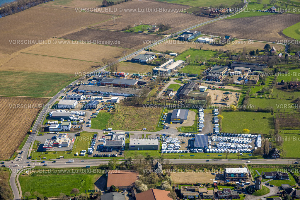 Rees240312691 | Luftbild, Gewerbegebiet Weseler Landstraße und Rauhe Straße, Reisemobil Autohändler, Rees, Nordrhein-Westfalen, Deutschland