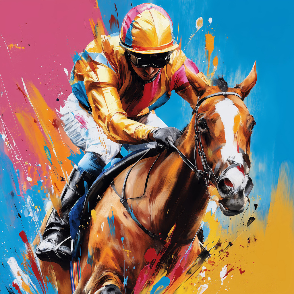 2604018 - Dynamik des Pferderennens | Eine kraftvolle Darstellung eines Jockeys und seines Rennpferdes in voller Bewegung. Das Motiv zeichnet sich durch seinen expressiven Stil mit dynamischen Pinselstrichen und leuchtenden Farbspritzern in Blau, Gelb und Pink aus, die die Geschwindigkeit und Energie des Rennens visualisieren. Der Fokus liegt auf der tiefen Haltung des Jockeys und der konzentrierten Kraft des Pferdes, umrahmt von einer abstrakten, farbintensiven Kulisse.