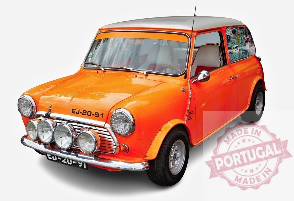 Orange classic Mini Cooper car isolated white background | Classic Mini Cooper automobile showcasing vintage design and retro style - Realized with Pictrs.com