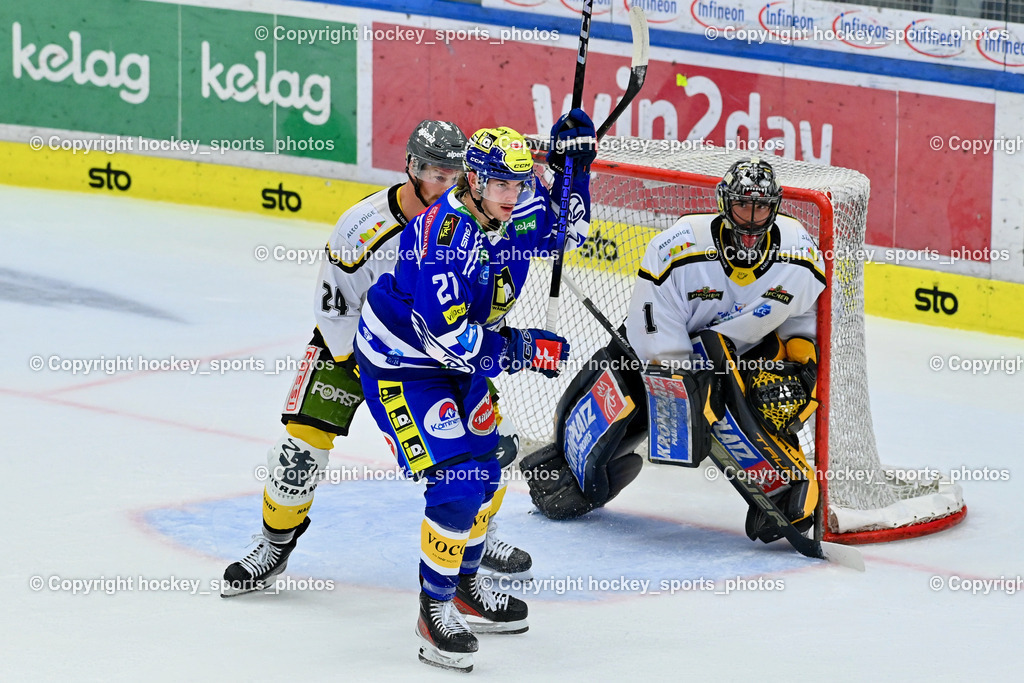 EC IDM Wärmepumpen VSV vs. HC Pustertal 8.10.2023 | #21 GEIFES Tim EC VSV,  #24 SILL Zach HC Pustertal, #1 SMITH Jacob HC Pustertal, EC IDM Wärmepumpen VSV vs. HC Pustertal 8.10.2023, EC IDM Wärmepumpen VSV vs. HC Pustertal am 08.10.2023 in Villach (Stadthalle Villach), Austria, (Photo by Bernd Stefan)