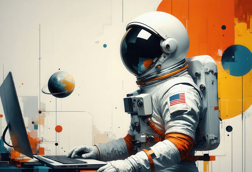 Wandbild:  Der Astronaut am Laptop | Ein außergewöhnliches Wandbild, das Wissenschaft, Technologie und Kreativität vereint: Ein Astronaut in voller Raumanzug-Montur arbeitet an einem Laptop, während im Hintergrund abstrakte Formen und ein schwebender Planet den futuristischen Charakter unterstreichen. Dieses Motiv steht für Innovation, Grenzüberschreitung und Entdeckergeist – perfekt für moderne Arbeitsräume, Tech-Umgebungen oder kreative Studios. KI-generierte Inhalte.