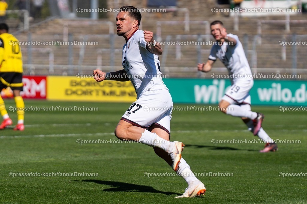 xydr06042501059 | 06.04.2025, xydrx, Fußball, Borussia Dortmund II - FC Ingolstadt 04, 3.Liga, Stadion Rote Erde, Saison 2024 2025: Pascal Testroet (FC Ingolstadt #37) jubelnd, freut sich über sein Tor zum 3:3 DFB regulations prohibit any use of photographs as image sequences and or quasi-video.