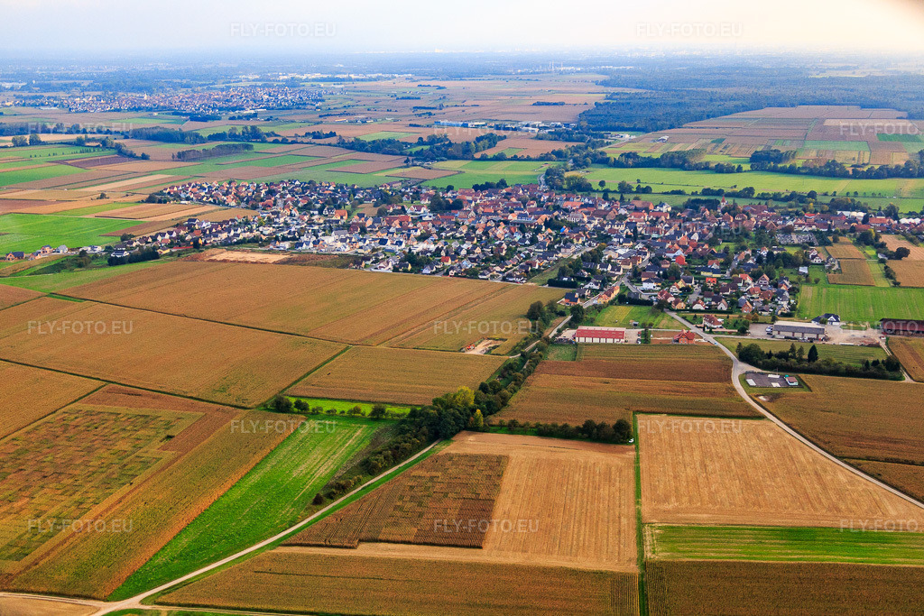 Vue aérienne: Vue de la ville depuis le nord à Geudertheim dans le département Bas Rhin, France – .Photo: IMG_074217.jpg prise le 04/10/2014 par Werner Riehm/FLY-FOTO.eu – Résolution de l'original: 5389 x 3593 px