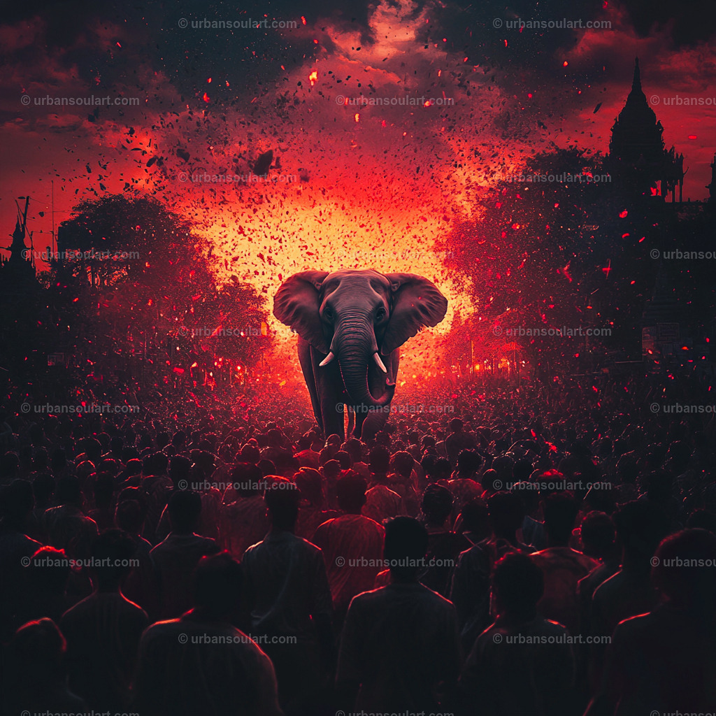 Elephant In A Peoples Crowd | A powerful image of an elephant standing amidst a crowd with a dramatic red and black background, symbolizing strength and resilience. Ideal for animal lovers and those seeking impactful decor, this canvas brings a sense of mystery and depth to any room. - Realisiert mit Pictrs.com