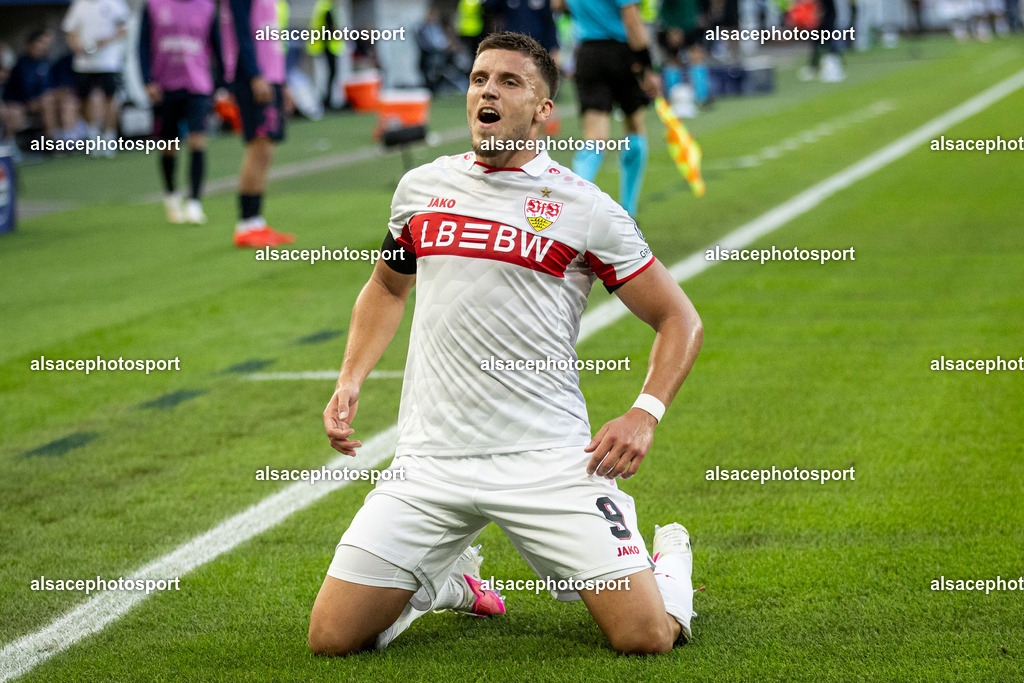 _B7A4801 | Stuttgart's Bosnian forward #09 Ermedin Demirovic celebrates scoring during the UEFA Champions League, League phase, football match between VfB Stuttgart and Viking in Stuttgart, southern Germany, on September 9, 2026. - Realisiert mit Pictrs.com