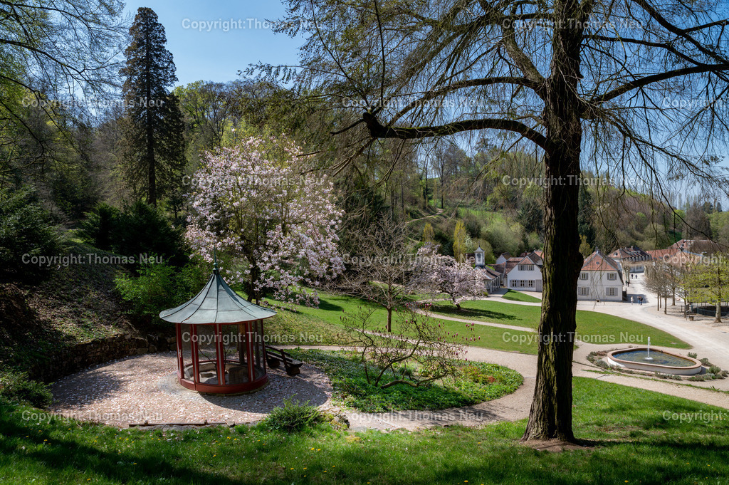 Fuerstenlager-bensheim-auerbach-staatspark-parklandschaft-sommersitz-hessische-Fuerstenfamile-Fotografie-Thomas_Neu.jpg-25 | Blick über das historische Gebäudeensemble im Staatspark Fürstenlager in Bensheim-Auerbach, eingebettet in die frühlingshafte Landschaft der Bergstraße. Blühende Magnolien und frisches Grün rahmen die klassizistischen Gebäude, während sich im Hintergrund die bewaldeten Hänge des Odenwaldrandes erheben. Der ehemalige Sommersitz der Landgrafen von Hessen-Darmstadt zeigt sich hier in seiner ganzen landschaftlichen und architektonischen Schönheit.,Bild: Thomas Neu