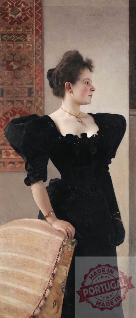 Gustav Klimt painting elegant woman in black dress. Gustav Klimt | Elegant woman in a black dress, a Gustav Klimt painting, posing for a portrait - Realisiert mit Pictrs.com
