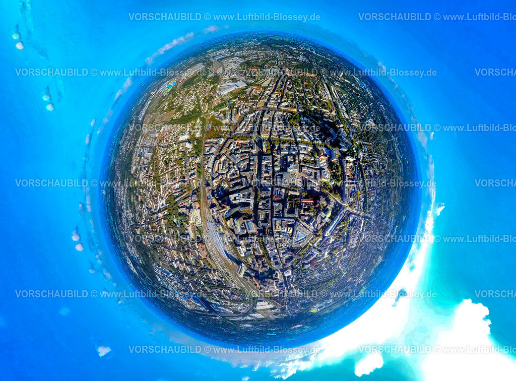 Dortmund241090070Zentrum | Luftbild, Wohngebiet  und Geschäftszentrum City Innenstadt, unten der Hauptbahnhof, Erdkugel, Fisheye Aufnahme, Fischaugen Aufnahme, 360 Grad Aufnahme, tiny world, little planet, fisheye Bild, City, Dortmund, Ruhrgebiet, Nordrhein-Westfalen, Deutschland