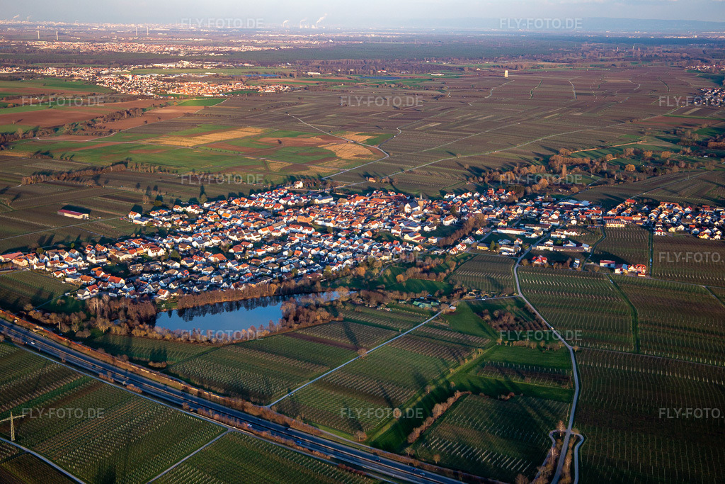 Luftbild: Ortsansicht von Südosten in Kirrweiler im Bundesland Rheinland-Pfalz in Deutschland. Foto: IMG_135858.jpg vom 18.01.2023 durch Werner Riehm/FLY-FOTO.deKirrweiler. Kann's. - Die Weinbaugemeinde mit großer Vergangenheit gilt als Geheimtipp in puncto Wohnen und Urlaub an der Südlichen Weinstraße direkt am schönen Pfälzerwald