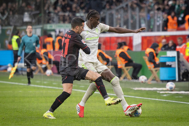 German Bundesliga, Bayer 04 Leverkusen vs. SV Werder Bremen, 24.01.2026 | LEVERKUSEN, GERMANY - JANUARY 24: Lucas Vazquez (Bayer 04 Leverkusen, 21) is challenged by Karim Coulibali (SV Werder Bremen, 31) during the German Bundesliga match on gameday 19 between Bayer 04 Leverkusen vs. SV Werder Bremen at BayArena on January 24, 2026 in Leverkusen, Germany. DFL REGULATIONS PROHIBIT ANY USE OF PHOTOGRAPHS AS IMAGE SEQUENCES AND/OR QUASI-VIDEO.