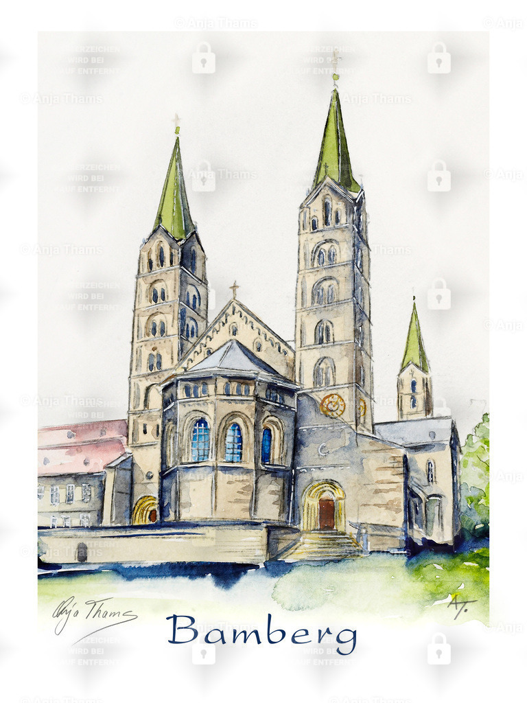 Bamberg - Dom | Stadtposter - Städteposter - Einzigartige Poster von vielen deutschen Städten und Sehenswürdigkeiten. Im stylischen Aquarell-Design von Anja Thams, mit Stadtplan im Hintergrund. Als Wandbild, Poster und Fine-Art. - Realisiert mit Pictrs.com