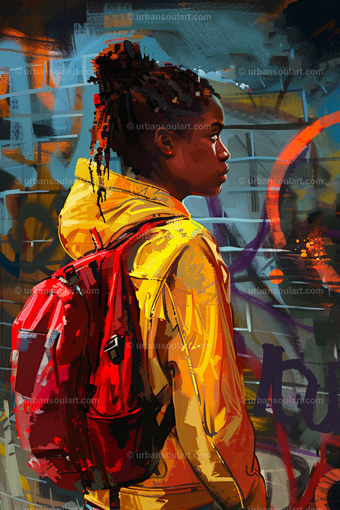 Urban Girl With Yellow Jacket And Backpack | A bold urban-style portrait of a young girl in a yellow jacket with a red backpack, standing against a graffiti wall. Great for street art lovers and urban decor. - Realisiert mit Pictrs.com
