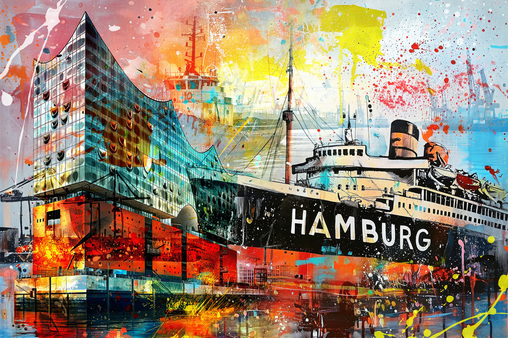 10241207 - Hamburg Pop Art | Fantasievolle Hamburger Hafen Collage im Look eines Pop Art Gemäldes.