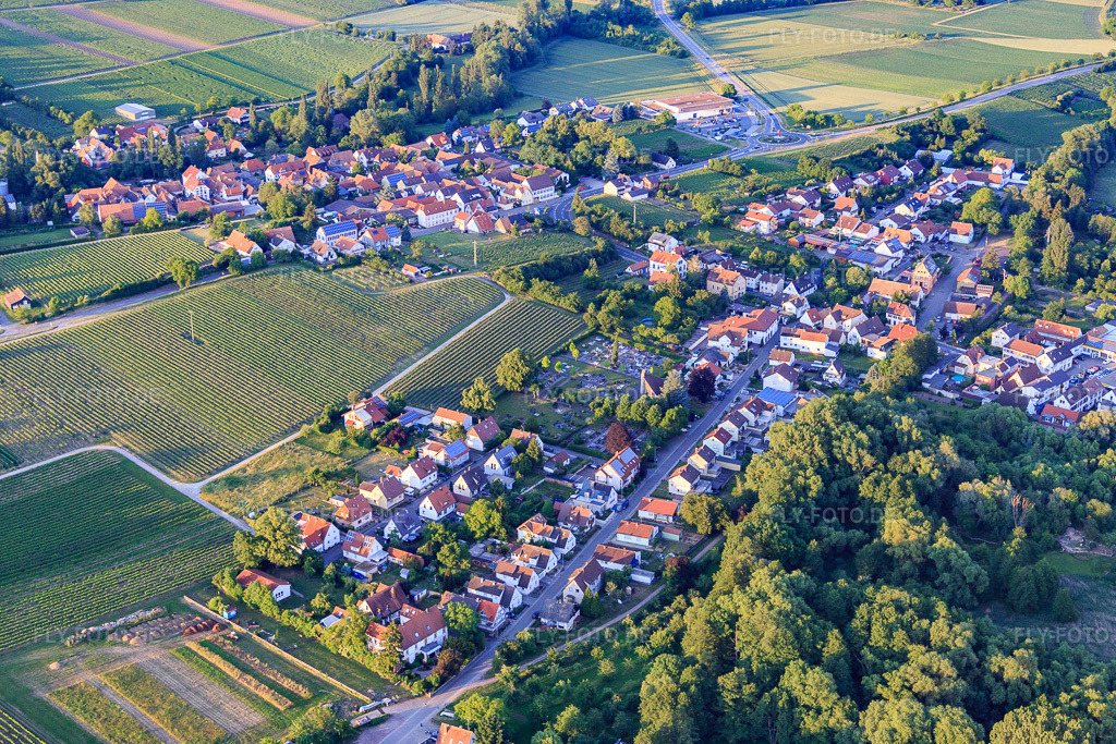 Luftbild: Vogesenstraße am Friedhof im Ortsteil Ingenheim in Billigheim-Ingenheim im Bundesland Rheinland-Pfalz in Deutschland. Foto: IMG_080360.jpg vom 05.06.2015 durch Werner Riehm/FLY-FOTO.de