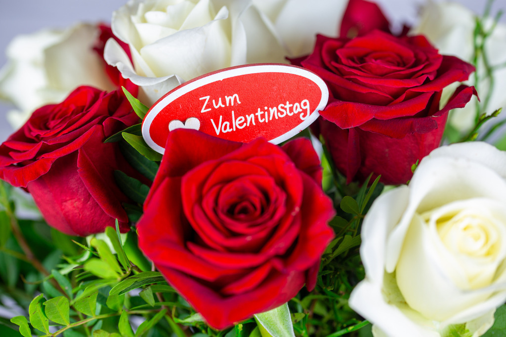 Valentinsgrüße: Herzliche Grüße zum Valentinstag mit einem Blumenstrauß mit weißen und roten Rosen  | Valentinsgrüße: Herzliche Grüße zum Valentinstag mit einem Blumenstrauß mit weißen und roten Rosen  - Realisiert mit Pictrs.com