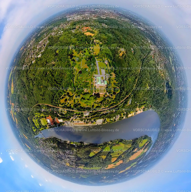 Essen230790244_VillaHuegel | Luftbild, Villa Hügel mit Kruppwald und Baldeneysee, Erdkugel, Fisheye Aufnahme, Fischaugen Aufnahme, 360 Grad Aufnahme, tiny world, Heisingen, Essen, Ruhrgebiet, Nordrhein-Westfalen, Deutschland