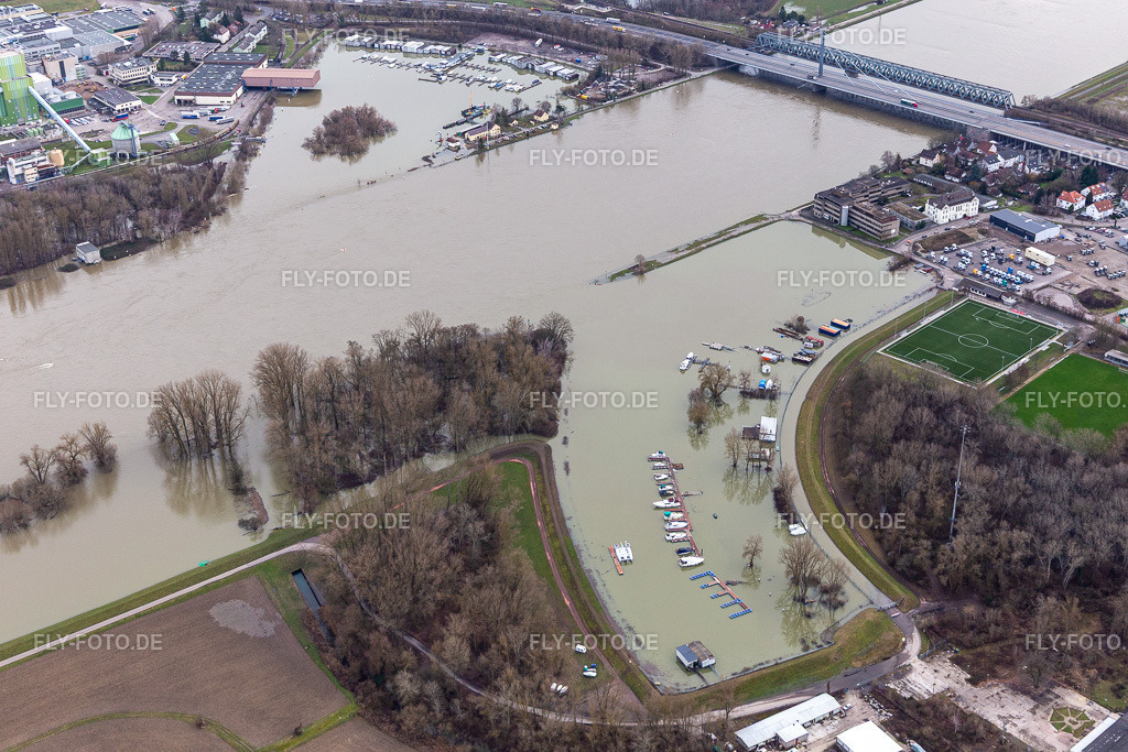 Hafen Maximiliansau bei Hochwasser | Luftbild: Hafen Maximiliansau bei Hochwasser im Ortsteil Maximiliansau in Wörth im Bundesland Rheinland-Pfalz in Deutschland. Foto: IMG_124248.jpg vom 04.02.2021 durch ©2025 Werner Riehm fly-foto.de/copyright - Realisiert mit Pictrs.com