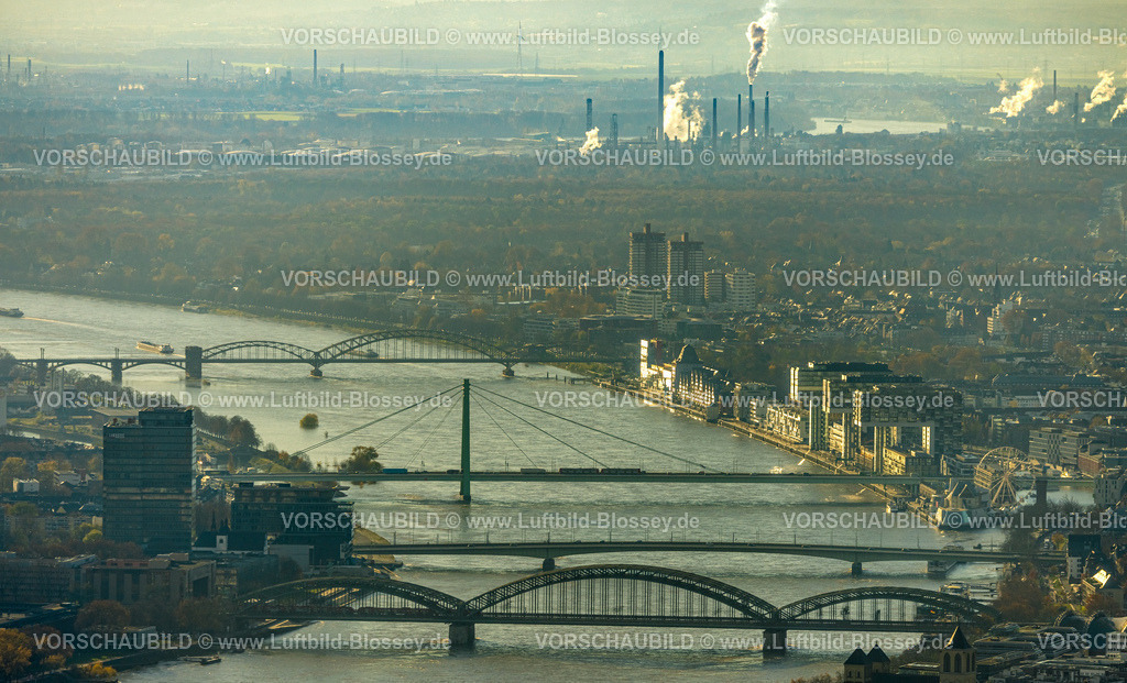 Koeln231104342 | Luftbild, Kranhäuser im Rheinauhafen Wohnquartier und Gewerbegebiet am Fluss Rhein, hinten Hochhäuser Wohnpark Bayenthal, Altstadt, Köln, Rheinland, Nordrhein-Westfalen, Deutschland