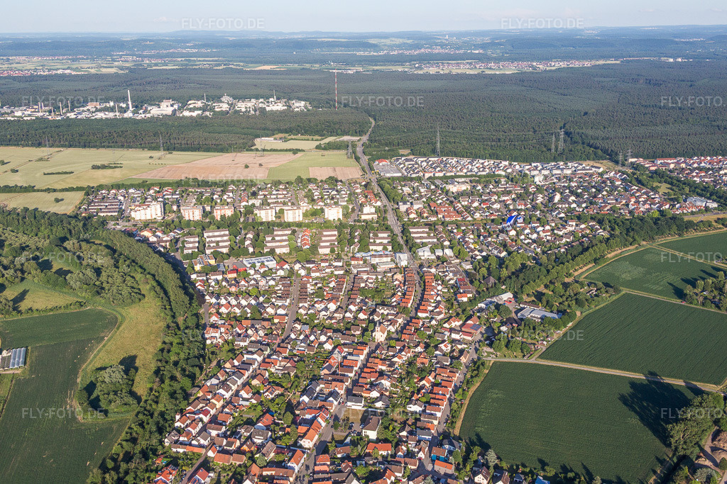 Luftbild: Ortsansicht der Straßen und Häuser der Wohngebiete im Ortsteil Leopoldshafen in Eggenstein-Leopoldshafen im Bundesland Baden-Württemberg in Deutschland. Foto: IMG_080791.jpg vom 13.06.2015 durch Werner Riehm/FLY-FOTO.de