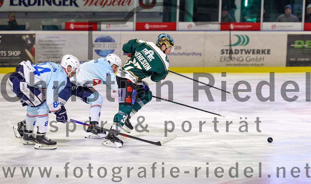 2025-12-23_105_TSV_Erding_gegen_Heilbronner_Falken | Erding, Deutschland, 23.12.2025:Eishockey, Oberliga Süd 2025 / 2026, 29. Spieltag, TSV Erding gegen Heilbronner Falken, Endergebnis: 5:4Malte Krenzlin (Heilbronner Falken, #84), Julian Schams (Heilbronner Falken, #6), Thomas Matheson (Erding Gladiators, #37)Foto: Christian Riedel / fotografie-riedel.net