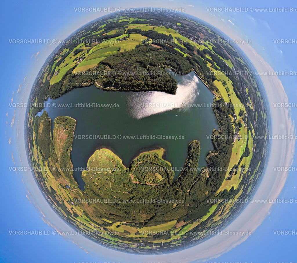 Kierspe250813367 | Luftbild, Kerspetalsperre und Waldgebiet, Erdkugel, Fisheye Aufnahme, Fischaugen Aufnahme, 360 Grad Aufnahme, tiny world, little planet, fisheye Bild, Großfastenrath, Wipperfürth, Sauerland, Nordrhein-Westfalen, Deutschland