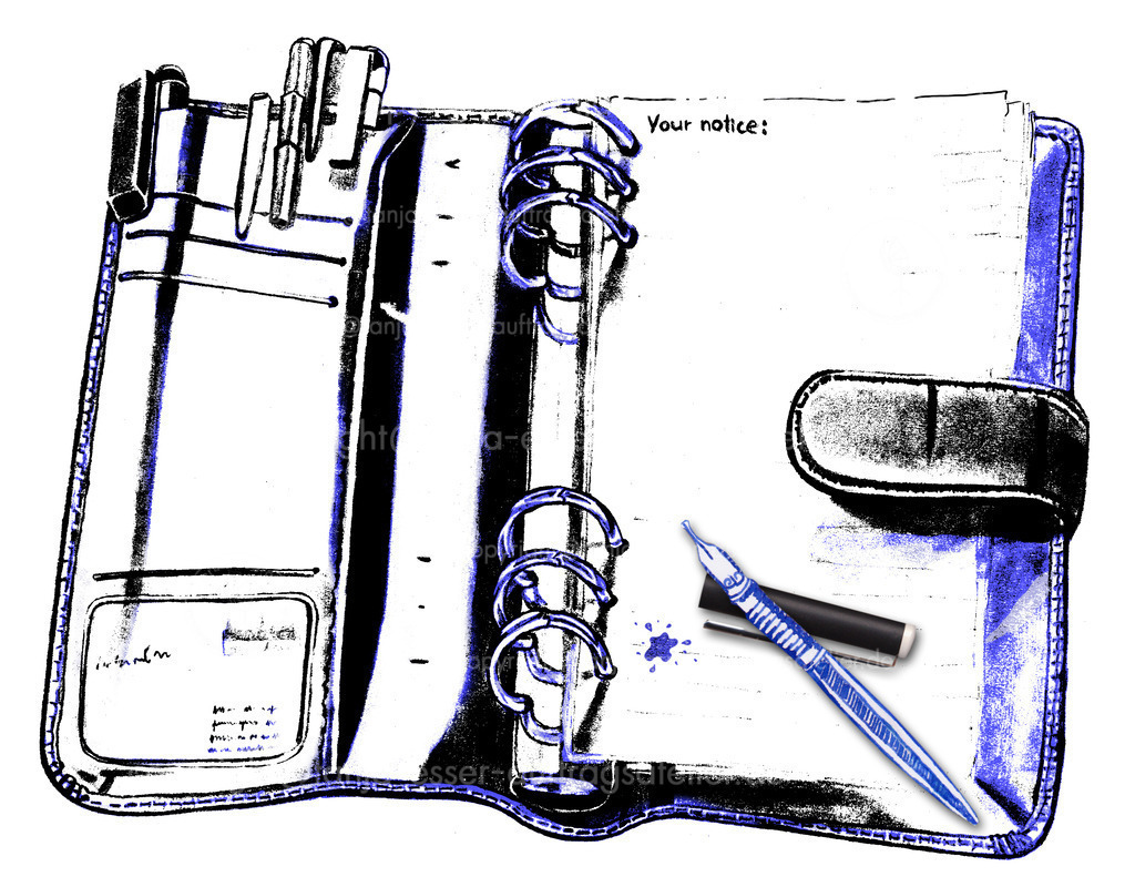 Notizbuch mit gemaltem Stift | Mit Bleistift gezeichneter Organizer mit Stiften und Notizblock. Nach realem Objekt abgezeichnet. Nachträglich gefärbt und Kontraste erhöht im Bildbearbeitungs Programm. 