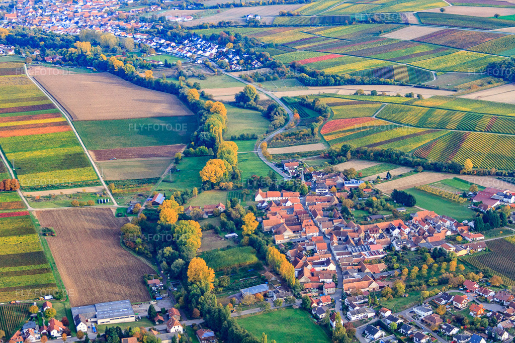 Luftbild: Ortsansicht von Westen im Ortsteil Klingen in Heuchelheim-Klingen im Bundesland Rheinland-Pfalz in Deutschland. Foto: IMG_53850.jpg vom 20.10.2012 durch Werner Riehm/FLY-FOTO.deAuflösung des Originals: 4752 x 3168 px