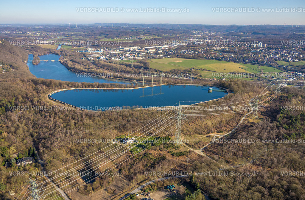 Herdecke260304024 | Luftbild, Stromtrasse Überlandleitung, RWE Pumpspeicherbecken Herdecke, Hochbecken am Koepchenwerk, Herdecke, Ruhrgebiet, Nordrhein-Westfalen, Deutschland