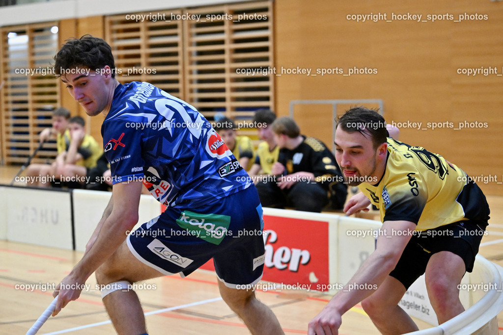 VSV Unihockey  vs. FBK Loka  | #20 David Gredler VSV Unihockey, #98 Gašper Triler FBK Loka, VSV Unihockey  vs. FBK Loka , VSV Unihockey  vs. FBK Loka  am 25.01.2026 in Villach (Ballspielhalle St. Martin), Austria, (Photo by Bernd Stefan)