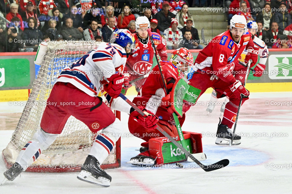 EC KAC vs. EC Red Bull Salzburb | #79 Krening Philipp EC RED BULL SALZBURG,  #32 Dahm Sebastian EC KAC, #8 Petersen Nicholas Eric EC KAC, EC KAC vs. EC Red Bull Salzburb, EC KAC vs. EC Red Bull Salzburb am 04.04.2025 in Klagenfurt (Heidi Horten Arena), Austria, (Photo by Bernd Stefan)