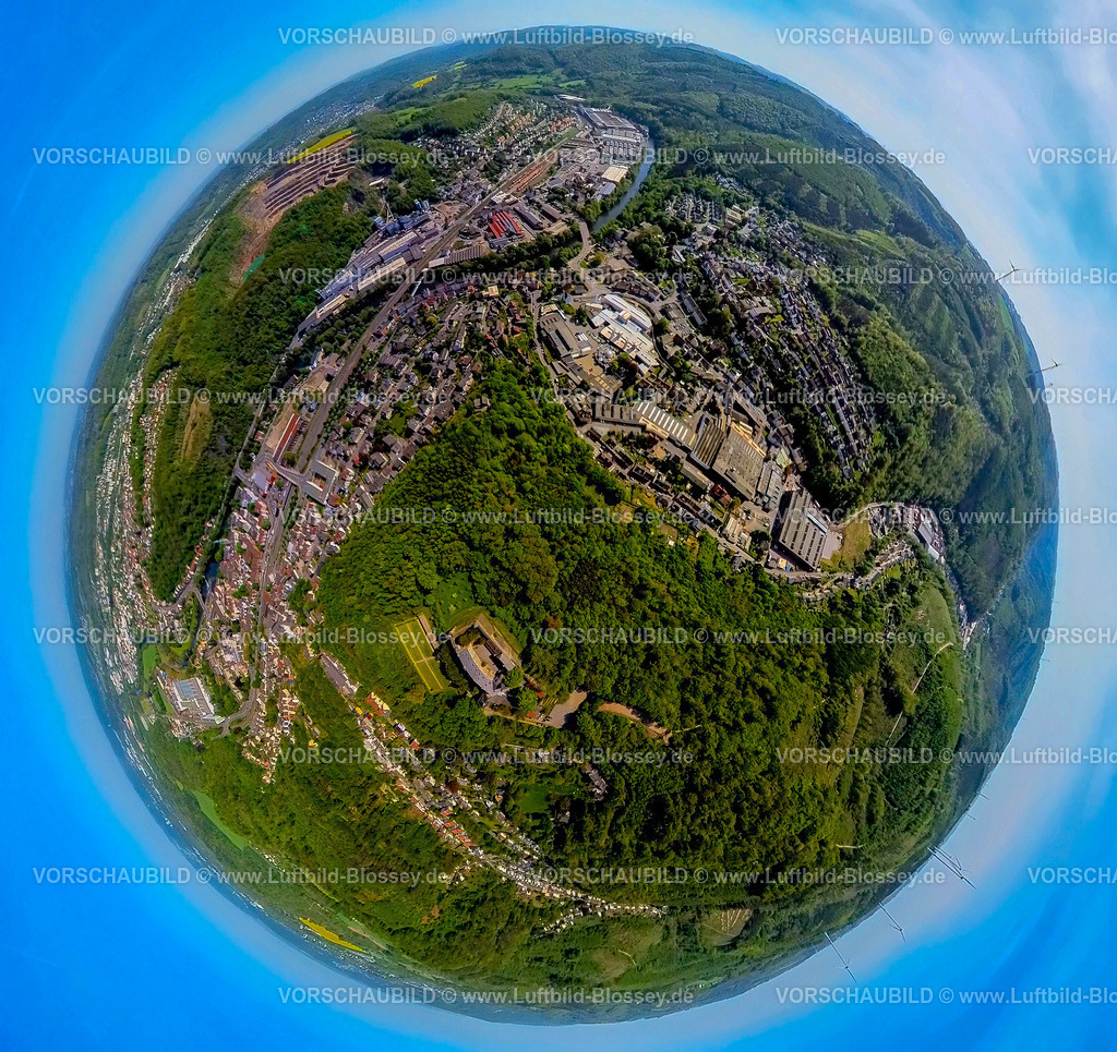 Hagen240590258Hohenlimburg | Luftbild, Innenstadtansicht und Fluss Lenne,, Schloss Hohenlimburg mit Schlossgarten, Waldgebiet Schlossberg, Gewerbegebiet Obernahmerstraße, Erdkugel, Fisheye Aufnahme, Fischaugen Aufnahme, 360 Grad Aufnahme, tiny world, little planet, fisheye Bild, Hohenlimburg, Hagen, Ruhrgebiet, Nordrhein-Westfalen, Deutschland