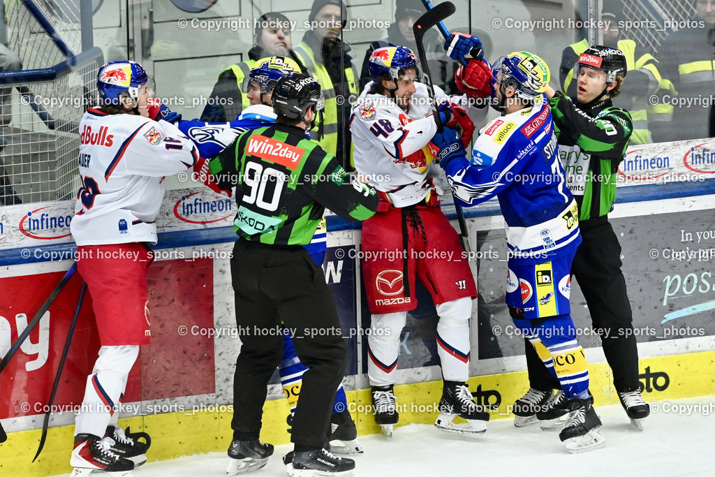 EC IDM Wärmepumpen VSV vs. EC Red Bull VSV | #16 Luca Auer EC Red Bull Salzburg, #48 Lucas Thaler EC Red Bull Salzburg, #71 Steven Strong EC VSV, DUMMERMUTH-HAAS ELIAS Referee, PUFF WOLFGANG Referee, EC IDM Wärmepumpen VSV vs. EC Red Bull VSV, EC IDM Wärmepumpen VSV vs. EC Red Bull Salzburg am 16.01.2026 in Villach (Stadthalle Villach), Austria, (Photo by Bernd Stefan)