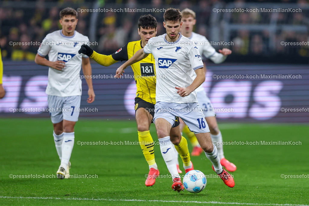 BVB15122401023 | 15.12.2024, Fußball, Borussia Dortmund - TSG 1899 Hoffenheim, 1. Fußball Bundesliga, 14. Spieltag, Signal Iduna Park, Saison 2024 2025: Giovanni Reyna (BVB #7) gegen Anton Stach (Hoffenheim #16)DFB regulations prohibit any use of photographs as image sequences and or quasi-video.