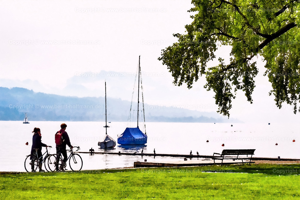 PAD2_4220060_RH_Zuerichsee_120x80 | DIGITALKUNST. Idylle am Zürichsee. __ Radwanderer auf dem Uferweg am Seeufer. __ Das Basisfoto für dieses malerisch verwandelte Werk hat der Schweizer Hobbyfotograf Rene Hinder gemacht und es Bernt Hoffmann für dessen Kunstpart zur Verfügung gestellt. __ Seitenverhältnis = 3 zu 2 - Realisiert mit Pictrs.com