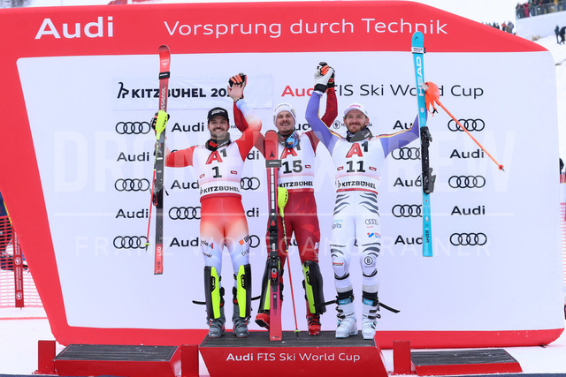 Audi FIS Ski World Cup: Men’s Slalom – Hahnenkamm Race, Kitzbuehel | Kitzbuehel, Austria, 25.Jan.26 - Alpine Skiing - FIS World Cup, Hahnenkamm Race, Slalom, men. The image shows MEILLARD Loic (SUI, Rossignol), FELLER Manuel (AUT, Atomic) and STRASSER Linus (GER, Head).