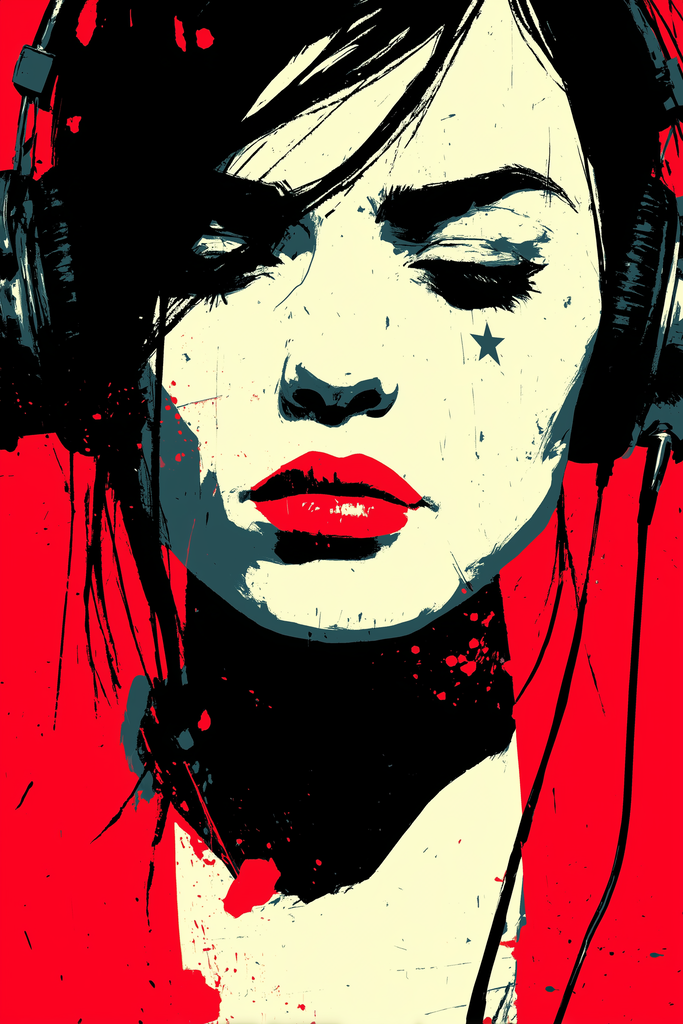 Poster: HER FREQUENCY – The Gaze – Lost in sound. Found in herself. | Frau mit Kopfhörern und geschlossenen Augen in Schwarz-Weiß-Rot mit Stern auf der Wange – Musikposter aus HER FREQUENCY - Realisiert mit Pictrs.com