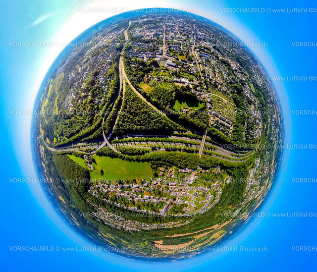Velbert240890725A44_A535 | Luftbild, AutobahnDreieck Velbert-Nord, Autobahn A44 und Autobahn A535, Waldgebiet, Erdkugel, Fisheye Aufnahme, Fischaugen Aufnahme, 360 Grad Aufnahme, tiny world, little planet, fisheye Bild, , Velbert, Ruhrgebiet, Nordrhein-Westfalen, Deutschland