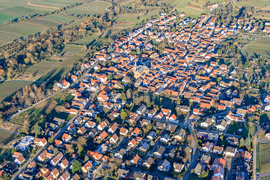 Luftbild: Ortsansicht aus Südwesten im Ortsteil Arzheim in Landau im Bundesland Rheinland-Pfalz in Deutschland. Foto: IMG_62430.jpg vom 24.02.2014 durch Werner Riehm/FLY-FOTO.deAuflösung des Originals: 4752 x 3168 px