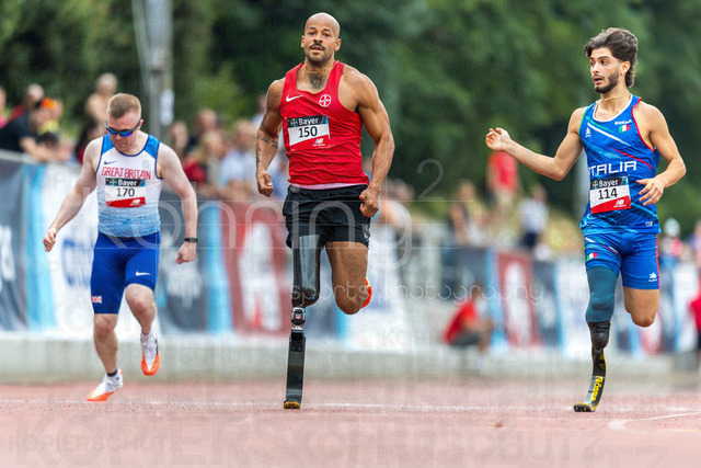 Para Heimspiel 7.0; Leverkusen, 18.07.2026 | LEVERKUSEN, GERMANY - JULY 18, 2026 :Kyle Keyworth (GBR/Manchester Harriers), Leon Schaefer (GER/TSV Bayer 04 Leverkusen), Francesco Imperio (ITA/Italien) competing in the 100m during the Para Heimspiel 7.0 at Fritz Jacobi Sports Complex on July 18, 2026 in Leverkusen, Germany.
