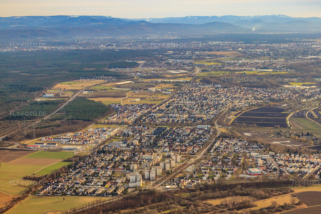 Luftbild: Ortsteil von Norden im Ortsteil Eggenstein in Eggenstein-Leopoldshafen im Bundesland Baden-Württemberg in Deutschland. Foto: IMG_24585.jpg vom 27.02.2010 durch Werner Riehm/FLY-FOTO.de