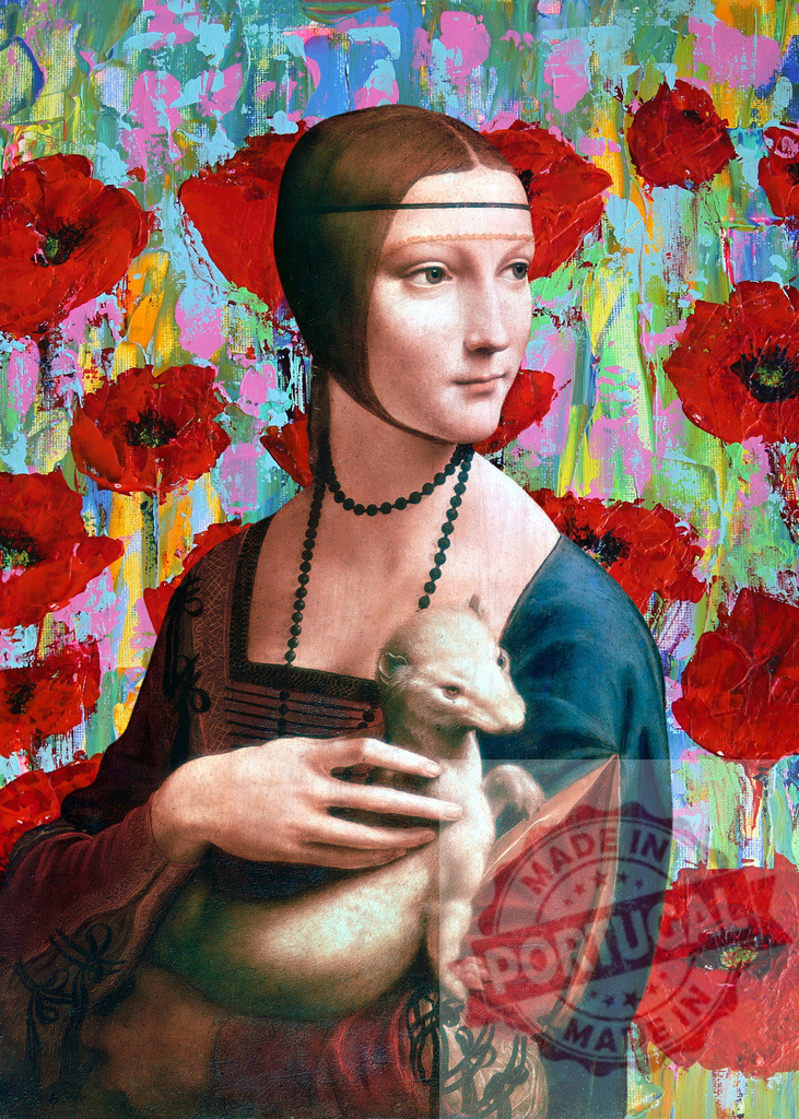 Lady with an Ermine, Leonardo da Vinci's portrait, holding a white ferret, on poppy flowers background | Painting of a noblewoman holding a white ferret, based on Leonardo da Vinci's famous artwork, with a colorful poppy flowers background - Realized with Pictrs.com