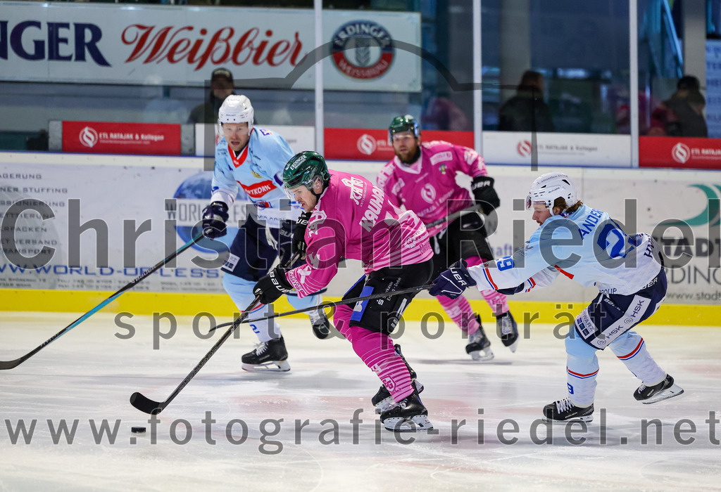 2025-10-05_026_TSV_Erding_gegen_Heilbronner_Falken | Erding, Deutschland, 05.10.2025:Eishockey, Oberliga Süd 2025 / 2026, 6. Spieltag, TSV Erding gegen Heilbronner Falken, Endergebnis: 3:1Jesse Kauhanen (Erding Gladiators, #4), Calder Anderson (Heilbronner Falken, #29)Foto: Christian Riedel / fotografie-riedel.net