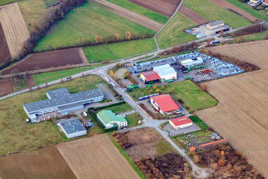 Luftbild: Industriegebiet ZA Kiesweg von Süden mit GARAGE MODERY, Terimport Carrelage und PROFIL ALSACE in Niederlauterbach im Bundesland Bas-Rhin in Frankreich.Foto: IMG_22977.jpg vom 21.11.2009 durch Werner Riehm/FLY-FOTO.deAuflösung des Originals: 4752 x 3168 pxWWW.PROFILALSACE.COMTerimportGARAGE MODERYGARAGE MODERY | Garage et Concessionnaire à NIEDERLAUTERBACH