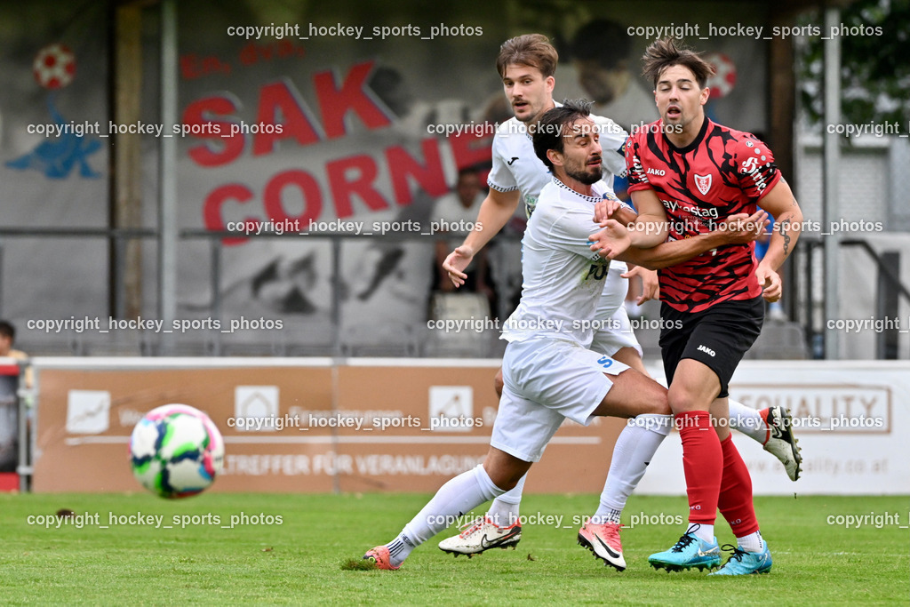 SAK vs. ATUS Ferlach | #11 Val Zaletel Cernos ATUS Ferlach, #20 Marko Huc SAK, #4 Rok Jazbec SAK, SAK vs. ATUS Ferlach, SAK vs. ATUS Ferlach am 01.08.2025 in Klagenfurt (Sportpark Welzenegg), Austria, (Photo by Bernd Stefan)