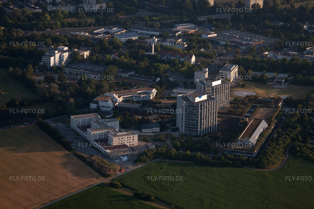 Luftbild: Ortsansicht mit BG Klinik Ludwigshafen von Süden bei Sonnenaufgang http://www.bgu-ludwigshafen.de/ im Ortsteil Oggersheim in Ludwigshafen im Bundesland Rheinland-Pfalz in Deutschland. Foto: IMG_69382.jpg vom 04.07.2014 durch Werner Riehm/FLY-FOTO.de