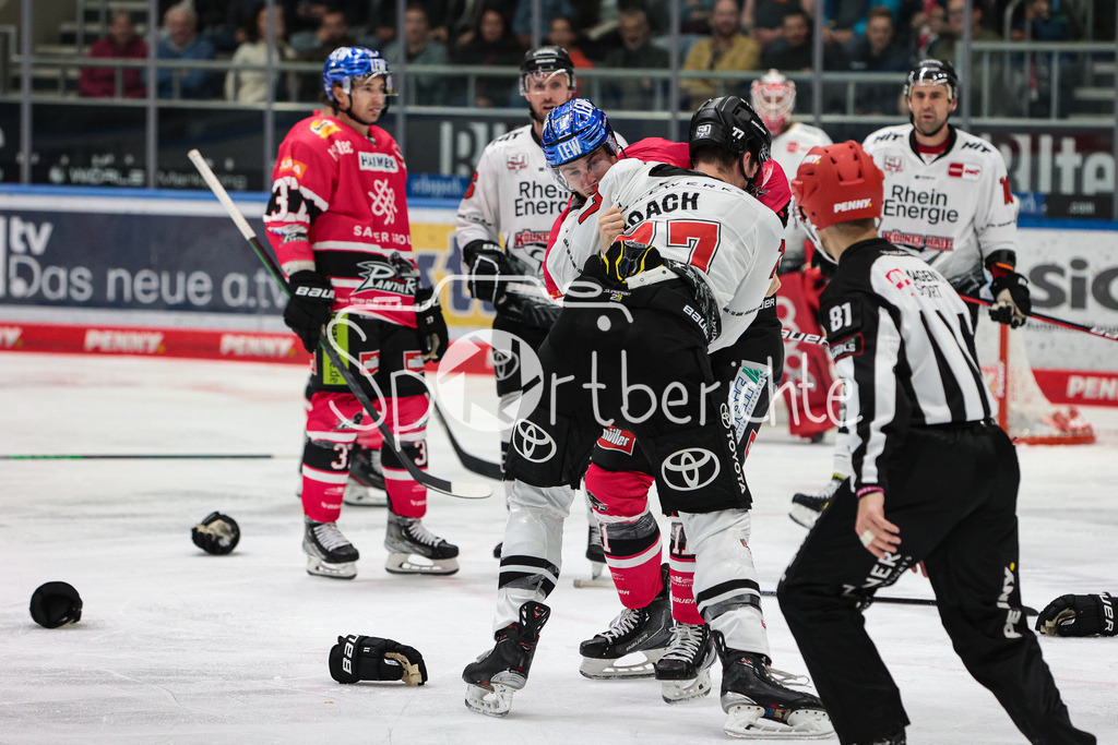 Augsburger Panther - Koelner Haie  | Alexander ROACH (KEC #77) und Adam Payerl (AEV #11) haben einen Kampf auf dem Eis / Fight / Boxing / Boxen / Kaempfen / Kämpfen