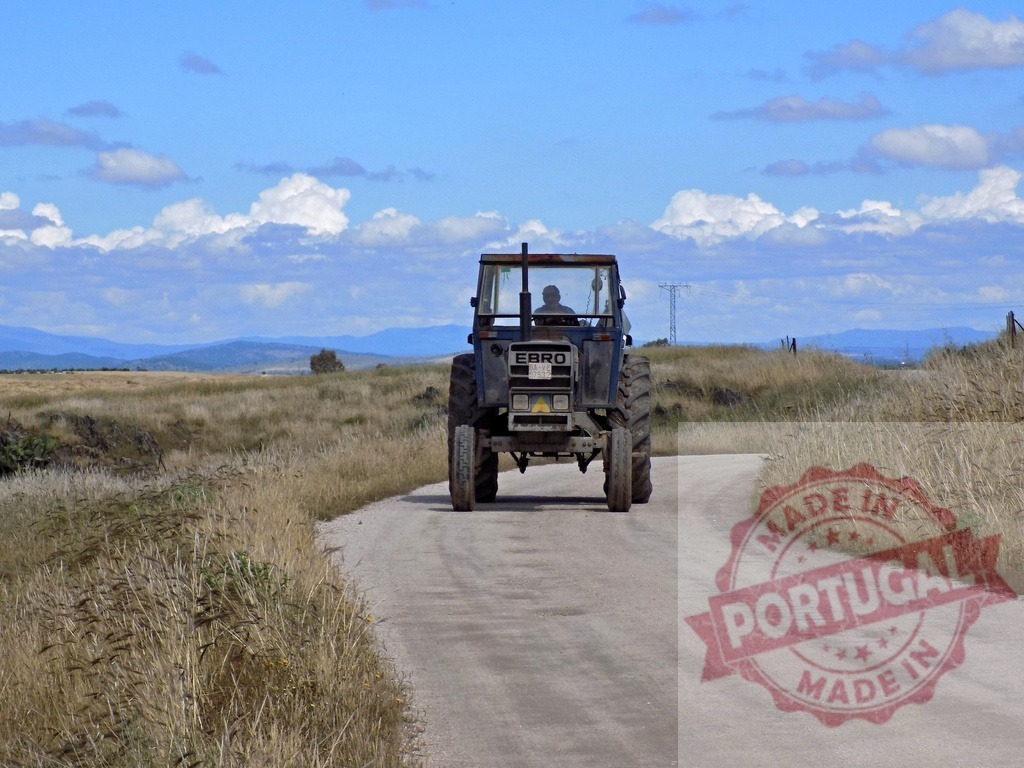 Tractor driving on countryside road under cloudy sky | Old Ebro tractor driving on a rural dirt road surrounded by fields and distant mountains - Realisiert mit Pictrs.com