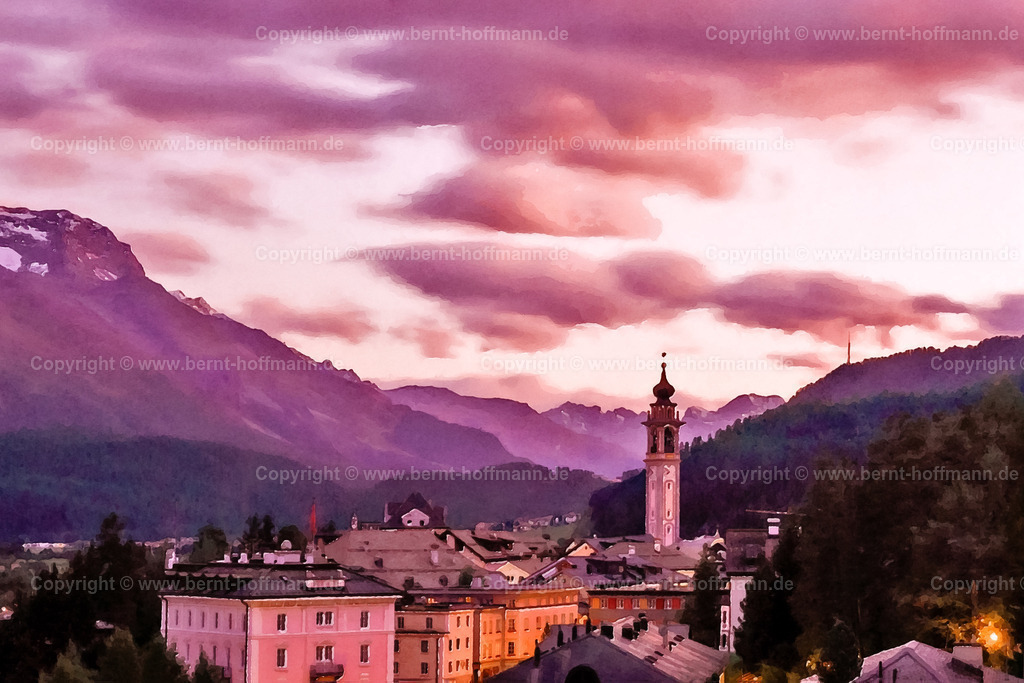 PAD2_RH_SamedanAbend_120x80 | DIGITALKUNST. Dämmerungsfarben in Samedan im Oberengadin. 
__ Das Basisfoto für dieses malerisch verwandelte Werk hat der Schweizer Hobbyfotograf Rene Hinder gemacht und es Bernt Hoffmann für dessen Kunstpart zur Verfügung gestellt. - Realisiert mit Pictrs.com